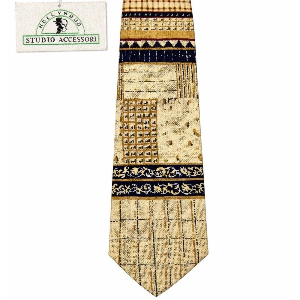Hollywood Studio 100% Silk Necktie Beige Blue Geometric USA